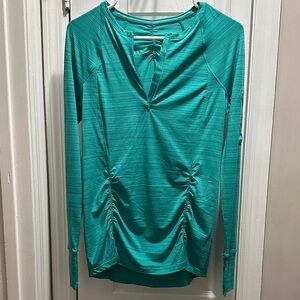Athleta Turquoise Long Sleeve Ruched Top quarter zip. Size small, EUC